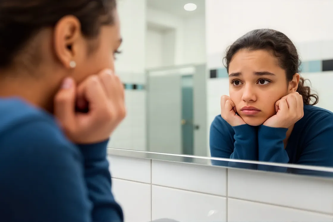 Sad teenage girl leaning on hands looking in bathroom mirror.