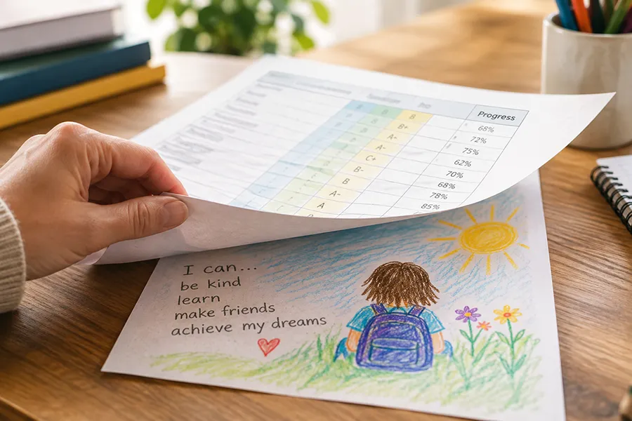 A hand lifts a school progress sheet to reveal a child’s colourful drawing underneath.